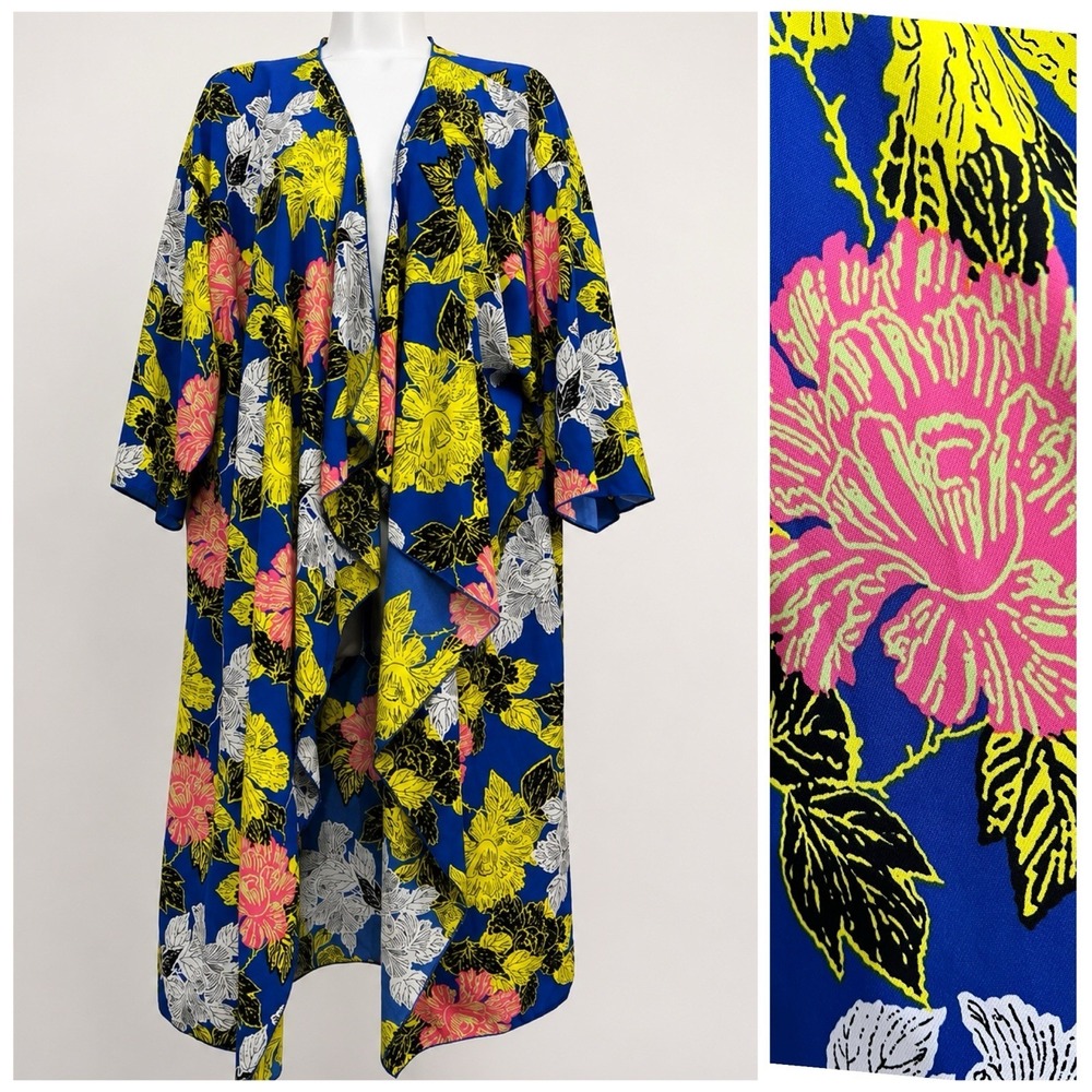 LuLaRoe Floral Kimono Duster‎ Shirley L Blue Boho Tropical Coastal Island Resort
